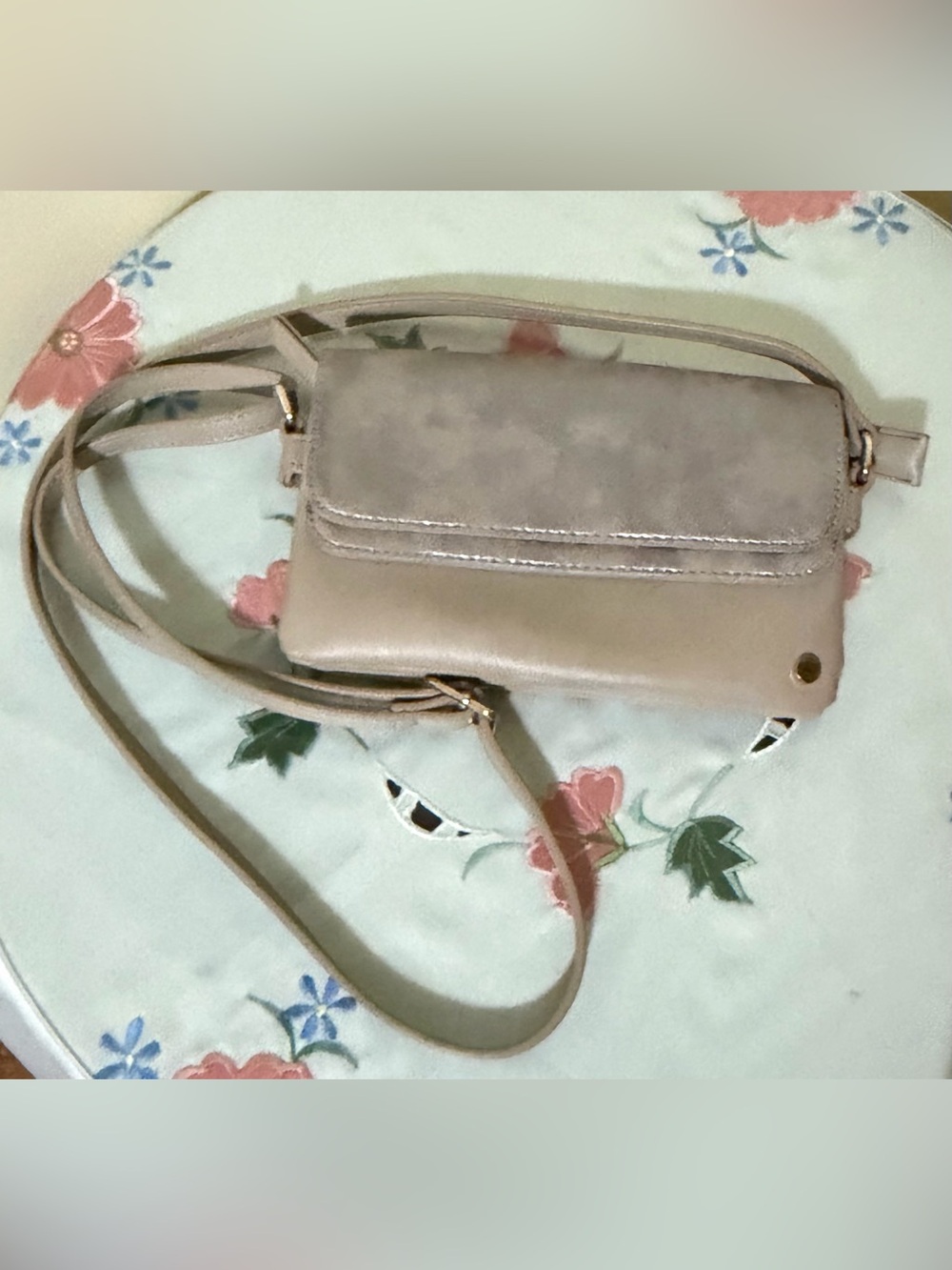 Mia & Luca Beige Crossbody Purse with pewter shimmer flap